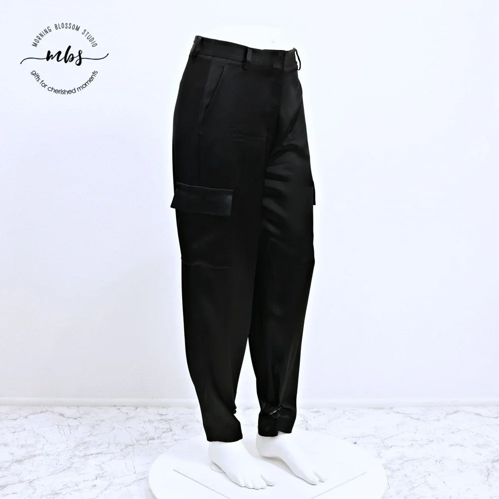 Babaton High-Waist Satin Cargo Pants Cinch Ankles Black Women 4